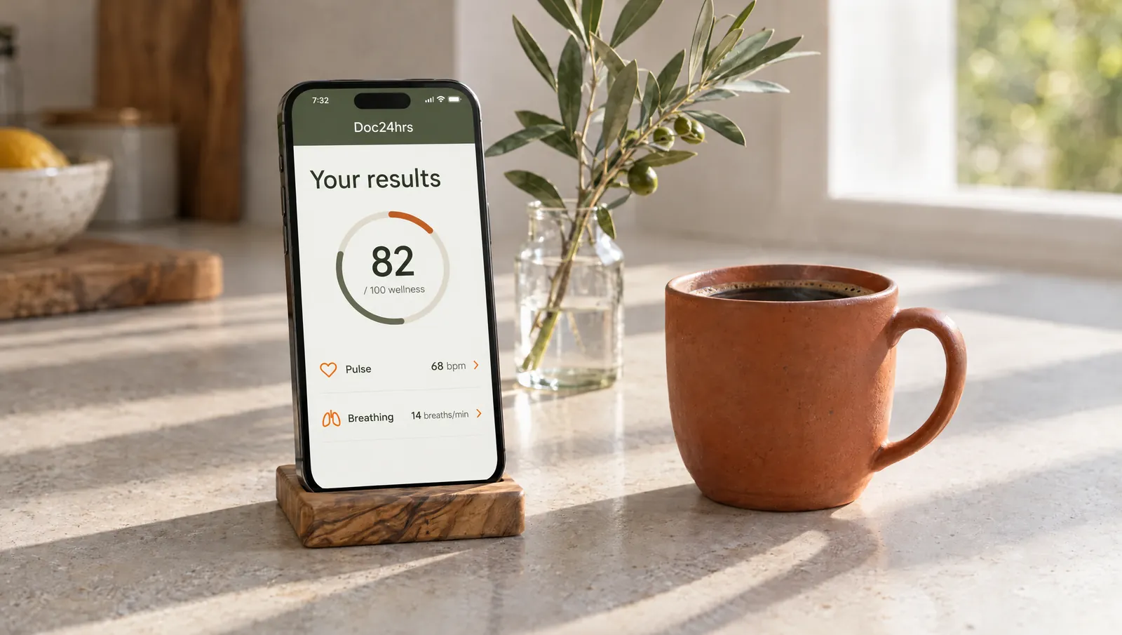 Illustration: a phone on a kitchen counter shows the results screen next to a cup of coffee