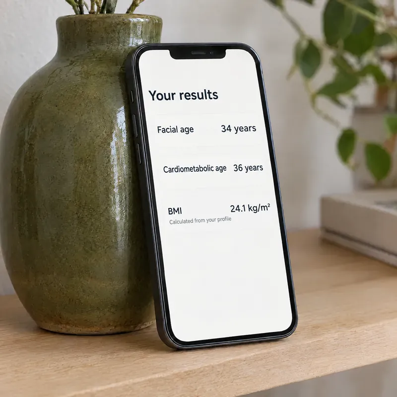 Illustration of the results screen on a phone leaning on a vase: facial age, cardiometabolic age, and BMI calculated from your profile