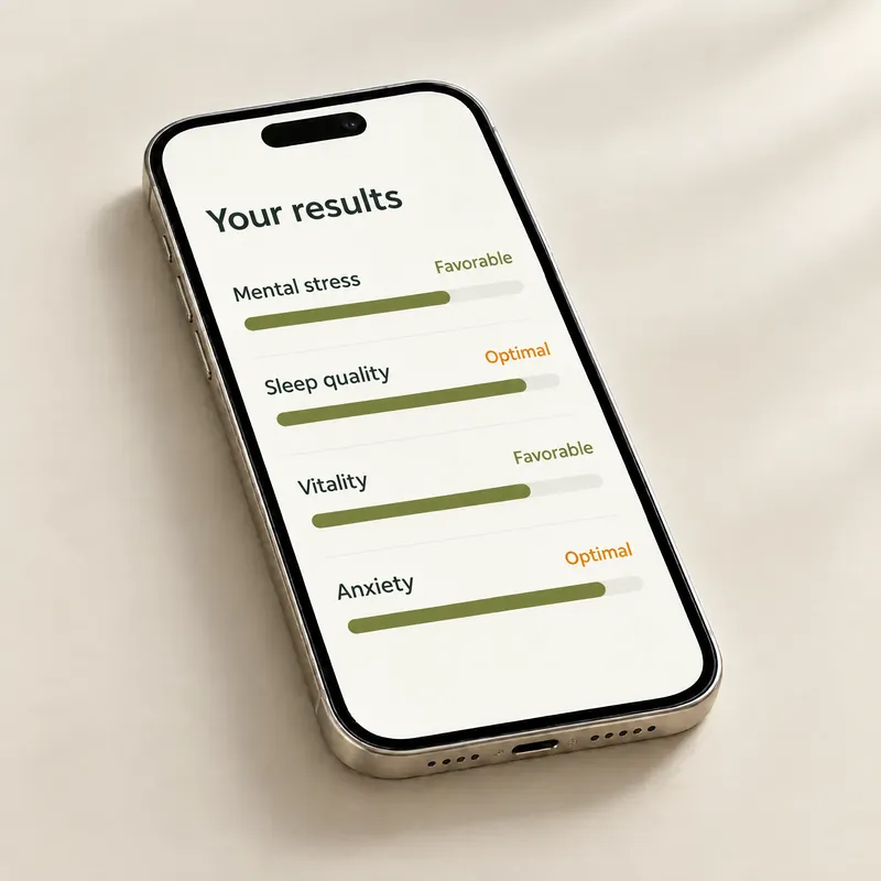 Illustration of the results screen: mental stress, sleep quality, vitality and anxiety, each with its range