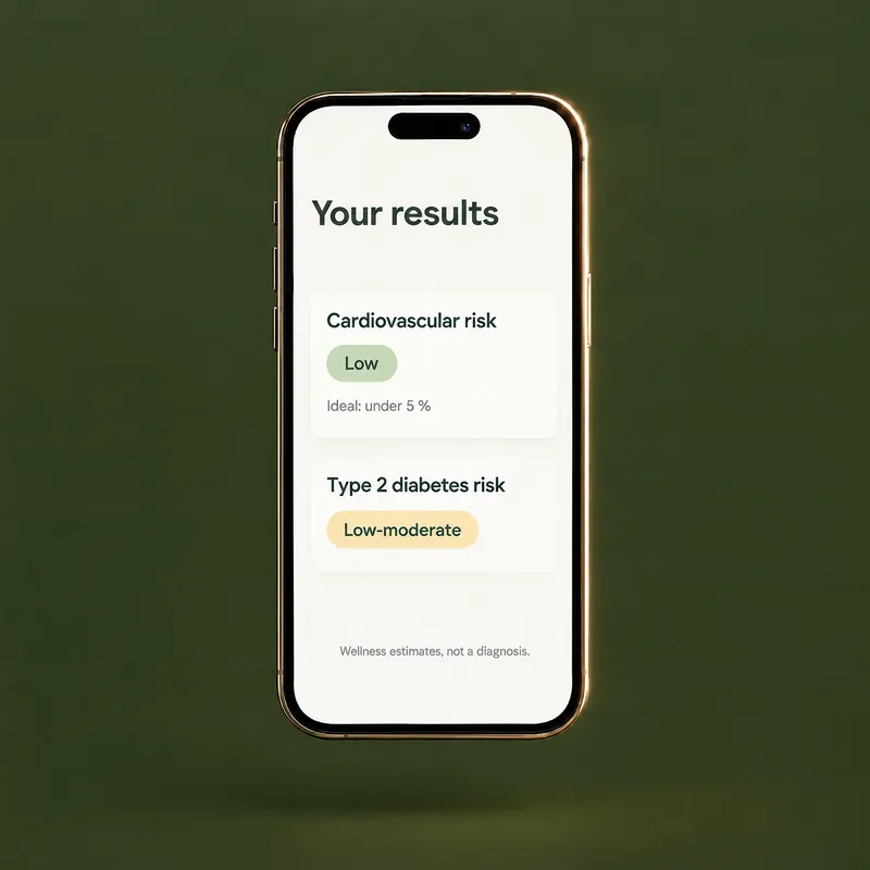 Illustration of the results screen: cardiovascular risk and type 2 diabetes risk, with a note that they are wellness estimates, not a diagnosis
